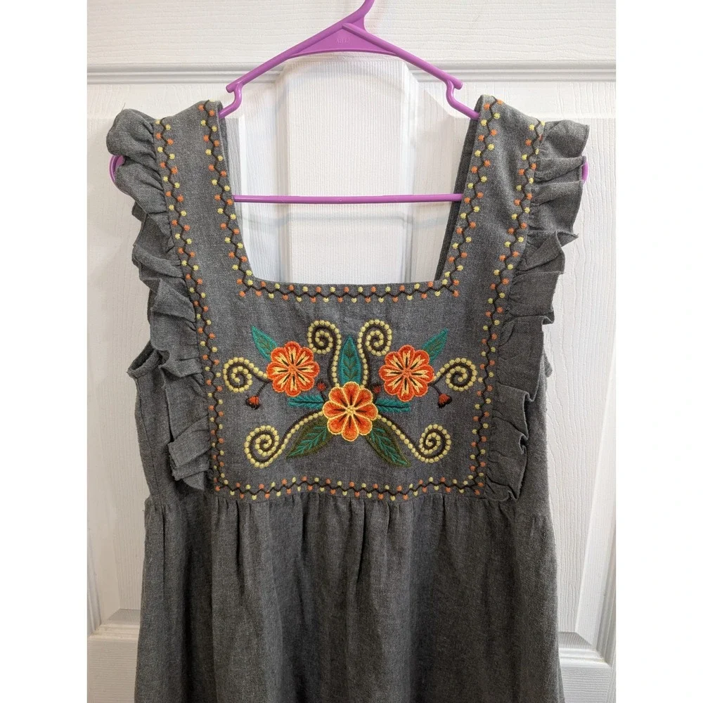 Leandra Medine x Mango Dress Womens Grey‎ Embroidered Ruffle Folk - Size M
